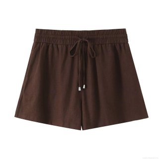 Women's Casual Linen Blend Shorts High Waist Elastic Drawstring With Metal Tips Summer Beach Loose Fit Straight Leg Plain Shorts For Women
