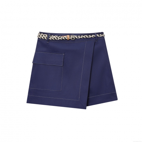Women's Navy Blue Twill Skorts With Woven Belt Contrast Stitching Wrap Design High Waist Casual Skirt Shorts With Pockets For Women