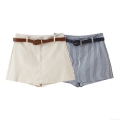 Women's High Waisted Striped Shorts Skort Casual Vertical Striped Short Pants With Leather Belt Cotton Blend Summer Breathable Bottoms For Women