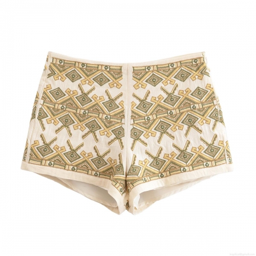 Women's Ethnic Geometric Embroidered High Waist Shorts Polyester Linen-Feel Bohemian Straight Leg Shorts With Side Invisible Zipper For Travel Daily