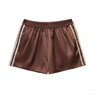 Women's Retro Satin Shorts With Lace Trim Elastic Waist Casual Solid Color Silk Texture Lounge Shorts For Home Wear