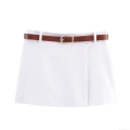 Fashion Women High Waisted Skort Solid Color Polyester Short Pants With Brown PU Leather Belt Sexy Double Breasted A-Line Streetwear For Daily Wear