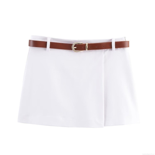 Fashion Women High Waisted Skort Solid Color Polyester Short Pants With Brown PU Leather Belt Sexy Double Breasted A-Line Streetwear For Daily Wear