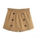 Women's Khaki Fashion Skort Double Breasted Elastic High Waist Polyester Mini Shorts Skirt For Casual Streetwear Trendy Sexy Ladies Bottoms