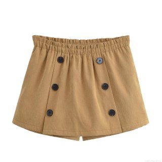 Women's Khaki Fashion Skort Double Breasted Elastic High Waist Polyester Mini Shorts Skirt For Casual Streetwear Trendy Sexy Ladies Bottoms