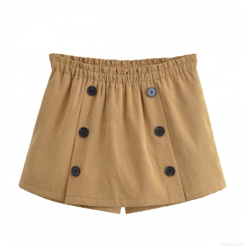 Women's Khaki Fashion Skort Double Breasted Elastic High Waist Polyester Mini Shorts Skirt For Casual Streetwear Trendy Sexy Ladies Bottoms