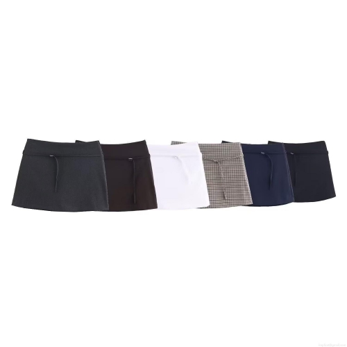 Women's Casual Skort Mini Shorts With Belt Decoration Split Design High Waist Polyester Solid Color Plaid Skirt Pants For Women Daily Streetwear