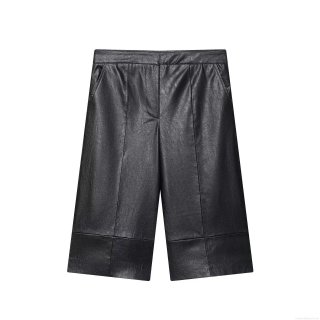 Women's Casual Black Faux Leather Wide Leg Shorts High Waist Straight Five-Point Bermuda Shorts For Party Daily Summer Spring Culottes