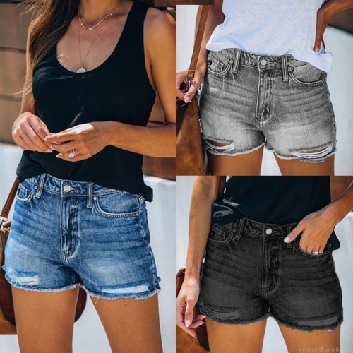 Women's High Waist Ripped Denim Shorts Distressed Raw Hem Cotton Blend Wide Leg Jean Shorts Casual Summer Streetwear Short Pants for Women