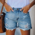 Women's Distressed Denim Shorts Light Blue Ripped Mid Waist Straight Leg Rolled Hem Summer Casual Streetwear Cotton Blend Washed Jean Shorts