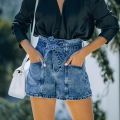 Women's High Waisted Denim Shorts With Bow Belt Cotton Washed Denim Straight Leg Short Jeans With Large Pockets Summer Fashion Streetwear