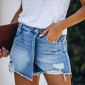 Women's Denim Skort Cotton Polyester Blend Asymmetric Ripped Distressed Summer Casual Streetwear High Waisted Frayed Hem Shorts Skirt