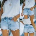 Women Summer Ripped Denim Shorts High Waisted Cotton Blend Distressed Frayed Hem Hot Pants Light Blue Wash Straight Leg Jean Shorts Streetwear Casual Bottoms