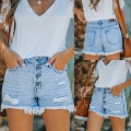Women's High Waisted Distressed Denim Shorts With Multi-Button Fly Ripped Raw Hem Frayed Tassels Summer Washed Cotton Denim Short Pants Casual Streetwear