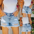 Women's High Waist Ripped Denim Shorts Casual Light Blue Washed Frayed Hem Distressed Straight Leg Jean Shorts Summer Streetwear