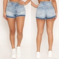 Women High Waist Ripped Denim Shorts Stretchy Distressed Washed Light Blue Frayed Hem Cotton Blend Jean Shorts For Summer Casual Urban Lady