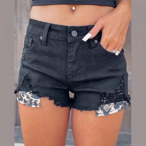 Women High Waist Denim Shorts Ripped Distressed Leopard Print Pocket A-Line Hot Pants Fringe Hem Summer Streetwear Jeans For Ladies