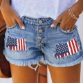 Women's Denim Shorts American Flag Patch Baseball Mom Letter Print High Waist Multi-Button Fly Ripped Frayed Hem Summer Casual Streetwear Hot Jean Shorts for Ladies