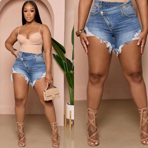 Women's High Waisted Asymmetrical Denim Shorts With Frayed Hem Distressed Ripped Jean Shorts For Summer Casual Streetwear Lady