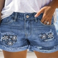 Women's Ripped Denim Shorts Floral Patch Distressed High Waisted Jean Shorts Summer Streetwear Casual Frayed Hem Cotton Blend Short Pants for Women