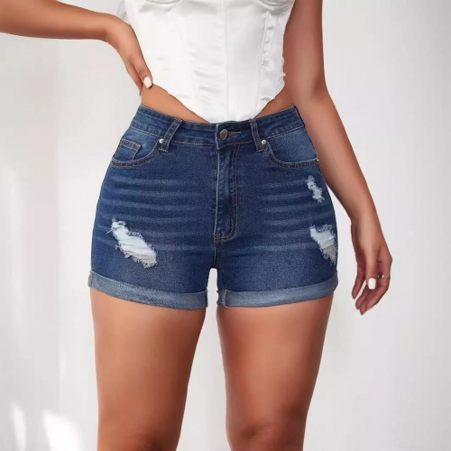 Women's High Waisted Ripped Denim Shorts Distressed Rolled Hem Stretchy Jean Shorts Summer Casual Streetwear Slim Fit Hot Pants For Ladies
