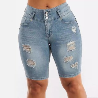 Women's High Waisted Ripped Denim Shorts Butt Lifting Three Button Distressed Slim Fit Jean Shorts Fringed Hem Summer Streetwear Fashion