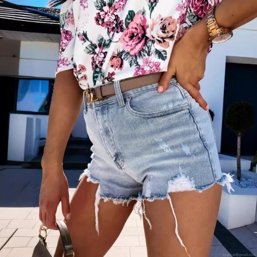 Women's Ripped Denim Shorts Distressed Raw Hem High Waisted Cotton Blend Stretchy Washed Jean Hot Pants For Summer Streetwear Ladies
