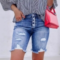 Women's Ripped Denim Shorts High Waist Multi Button Slim Fit Frayed Hem Cotton Blend Streetwear Summer Casual Bermuda Shorts For Women