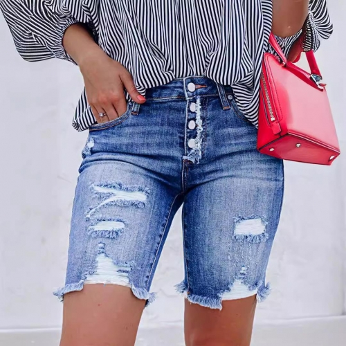 Women's Ripped Denim Shorts High Waist Multi Button Slim Fit Frayed Hem Cotton Blend Streetwear Summer Casual Bermuda Shorts For Women