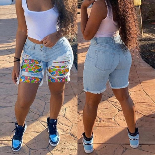 Women's High Waist Ripped Denim Shorts Paisley Patchwork Frayed Hem Distressed Hot Pants Summer Casual Streetwear Slim Fit Quarter Jean Shorts For Women