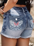 Women Retro Mid Waist Denim Shorts With Butterfly Star Embroidery Raw Hem Washed Jean Shorts Casual Summer Streetwear For Women