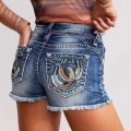 Women's American Retro Embroidery Denim Shorts Slim Fit Washed Cotton Blend Raw Hem Casual Low Waist Summer Shorts for Women