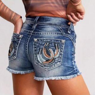 Women's American Retro Embroidery Denim Shorts Slim Fit Washed Cotton Blend Raw Hem Casual Low Waist Summer Shorts for Women