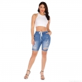 Women's Ripped Denim Shorts High Stretch Cotton Blend 5-Point Distressed Jean Shorts With Drawstring Elastic Waist Casual Summer Streetwear