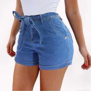 Women's High Waist Denim Shorts With Tied Bow Belt Sexy Slim Fit Butt Lifting Cotton Blend Jean Shorts For Summer Casual Streetwear Ladies