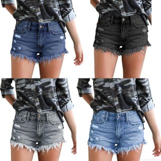 Women High Waisted Distressed Denim Shorts Frayed Raw Hem Tassel Ripped Jean Shorts Cotton Blend Casual Summer Streetwear Bottoms