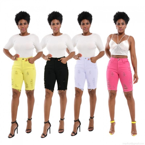 Women Ripped Denim Bermuda Shorts High Waisted Stretchy Knee Length Distressed Denim Shorts Raw Hem Streetwear Summer Casual Slim Fit Cotton Blend Denim Shorts