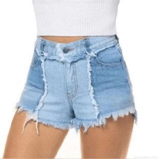 Women Sexy Patchwork Denim Shorts Fringed Tassel Raw Hem High Waist Slim Fit Jean Hot Pants Distressed Cotton Blend Clubwear Streetwear