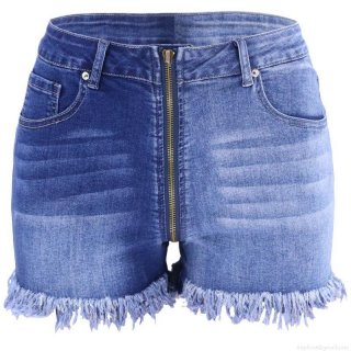 Women's High Waist Two-Tone Denim Shorts Stretchy Patchwork Contrast Blue Jean Shorts With Long Zipper Raw Hem Slimming Streetwear Bottoms