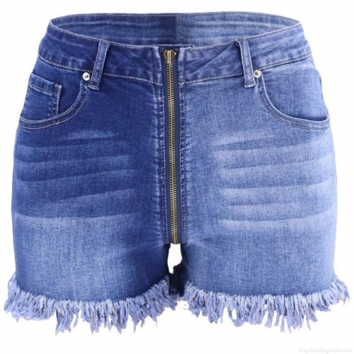 Women's High Waist Two-Tone Denim Shorts Stretchy Patchwork Contrast Blue Jean Shorts With Long Zipper Raw Hem Slimming Streetwear Bottoms