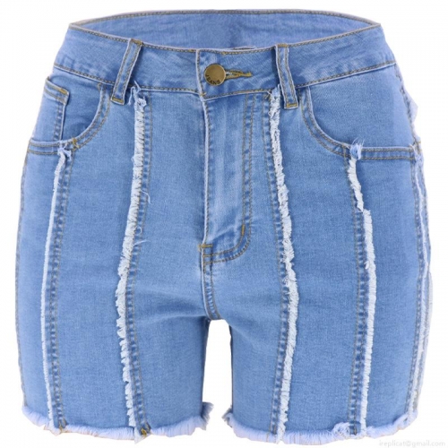 Women High Waist Denim Shorts With Frayed Fringe Edge Distressed Light Blue Cotton Blend Slim Fit Jean Hot Pants For Summer Street Casual