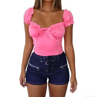 Women's High Waist Denim Shorts Lace-up Strappy Jean Shorts Sexy Bodycon Mini Hot Pants Frayed Hem Stretchy Cotton Jean Shorts for Women Summer Casual Clubwear