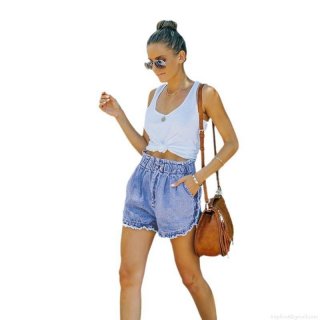 Women's High Waist High Stretch Denim Shorts Raw Hem Tassel Slim Fit Summer Jean Shorts For Casual Beach Streetwear Skinny Short Hot Pants
