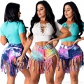Women's High Waist Tie-dye Denim Shorts Distressed Ripped Fringe Tassels Hot Pants Streetwear Club Party Wear Cotton Blend Stretchy Short Jeans