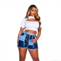 Women's High Waist Patchwork Denim Shorts Frayed Raw Hem Tassel Blue Jean Shorts For Streetwear Casual Summer Fashion Women