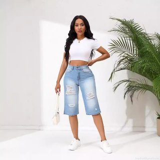 Women's High Waisted Ripped Denim Bermuda Shorts High Stretch Distressed Cotton Blend Five-Point Jeans With YKK Zipper Casual Street Style Summer Short Pants For Women