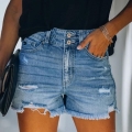 Women's High Waist Distressed Denim Shorts Double Button Ripped Raw Hem Cotton Blend Stretchy Jean Shorts for Summer Casual Beach Party Women