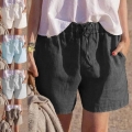 Women's Casual Cotton Linen Shorts Loose Fit Elastic Drawstring Waist Summer Beach Hot Pants with Pockets Solid Color Soft Comfortable Shorts