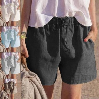 Women's Casual Cotton Linen Shorts Loose Fit Elastic Drawstring Waist Summer Beach Hot Pants with Pockets Solid Color Soft Comfortable Shorts