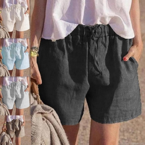 Women's Casual Cotton Linen Shorts Loose Fit Elastic Drawstring Waist Summer Beach Hot Pants with Pockets Solid Color Soft Comfortable Shorts
